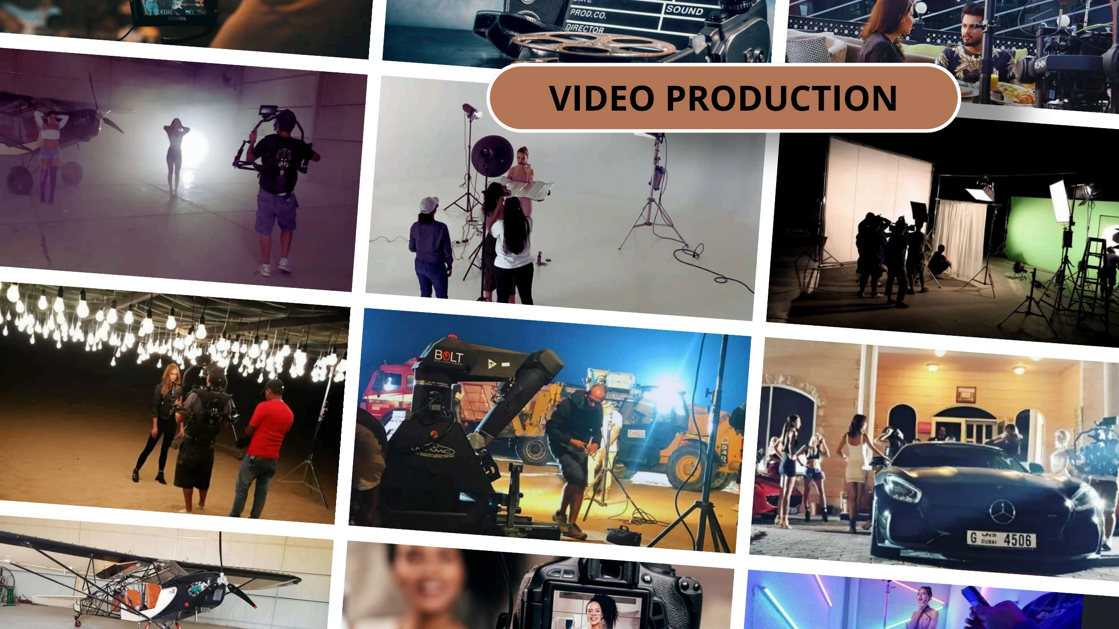 Video production sets, lighting, equipment and behind-the-scenes work